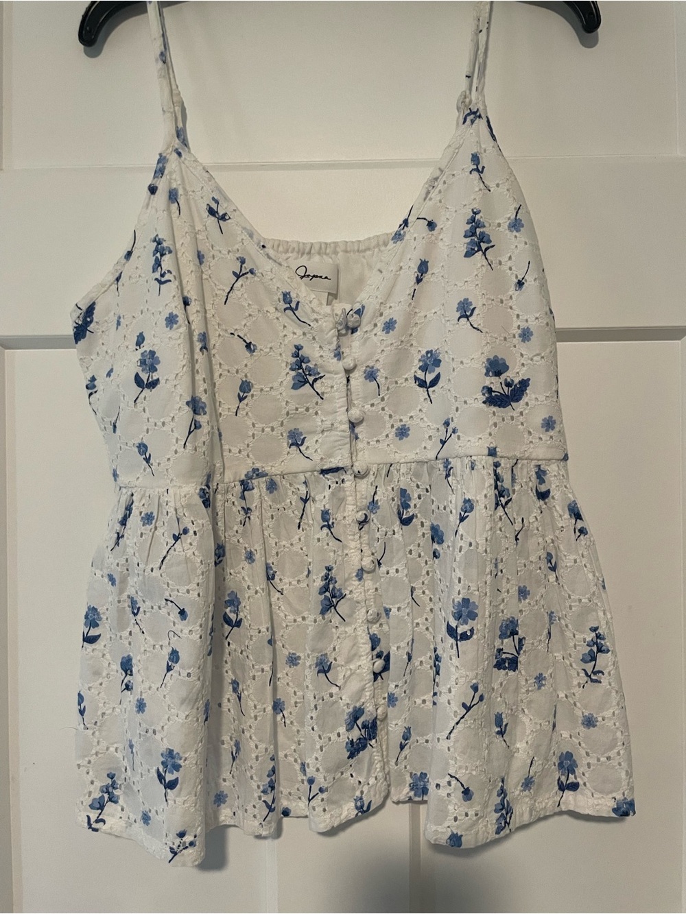 White Eyelet Peplum Tank with Blue Floral Print